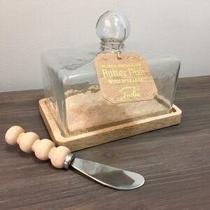 Glass & Mango Wood Butter Dish with Butter Spreader